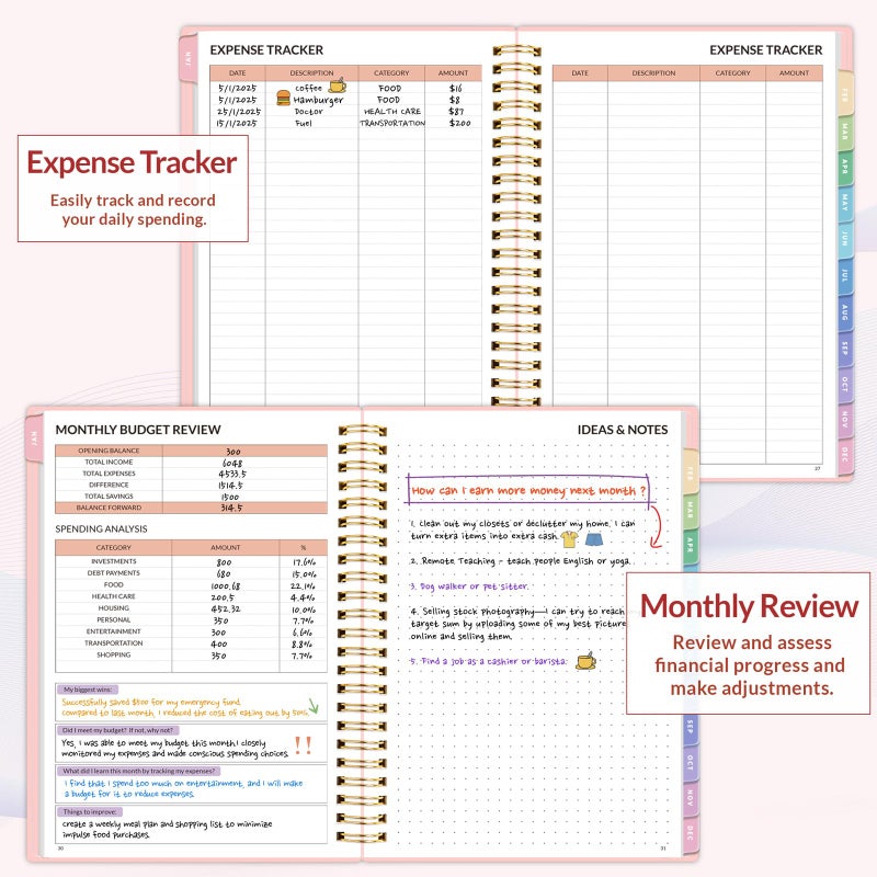 ساني مخطط الميزانية 2026 - كتاب الميزانية الشهرية من يناير 2026 - ديسمبر 2026 مع دفتر تعقب النفقات، مقاس A5 (6.4 بوصة × 8.3 بوصة") دفتر حساب منظم الفواتير ومخطط المالية لإدارة أموالك، وردي - Image 4